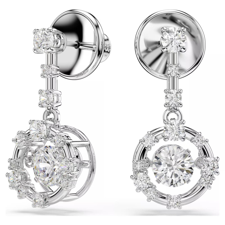 Constella drop earrings Round cut, Dancing stone, White, Rhodium plated